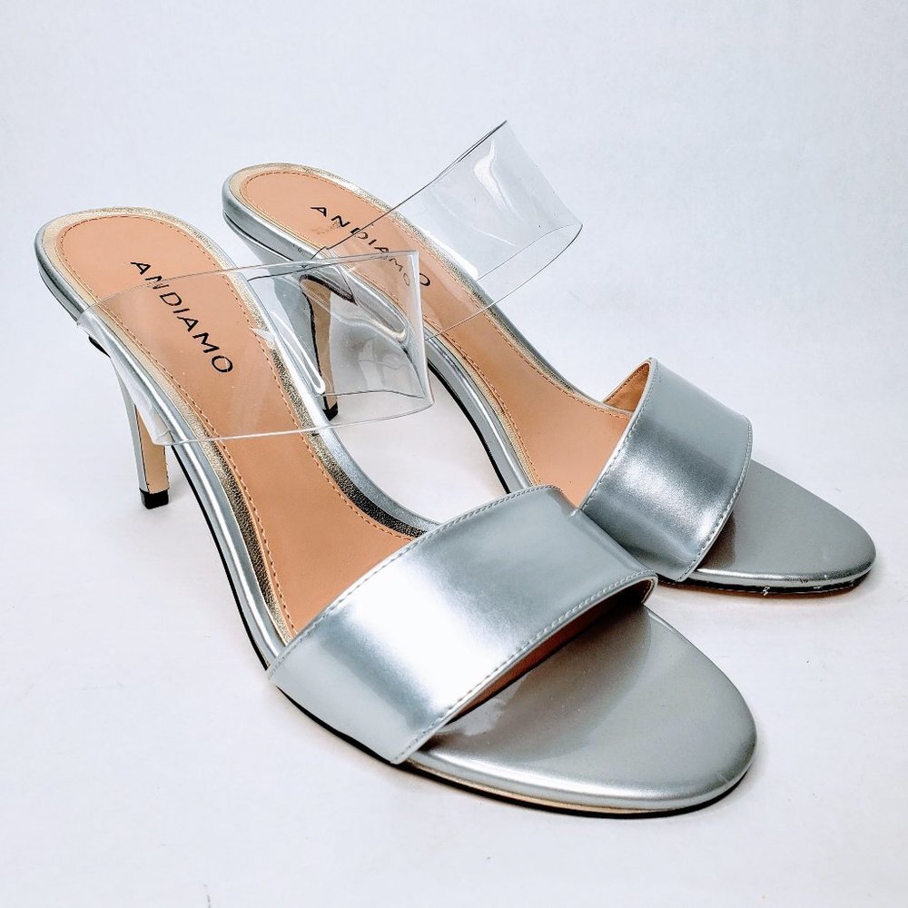 Andiamo Double Trouble Metallic Silver Clear Strap Heels Slip On Stiletto 8.5